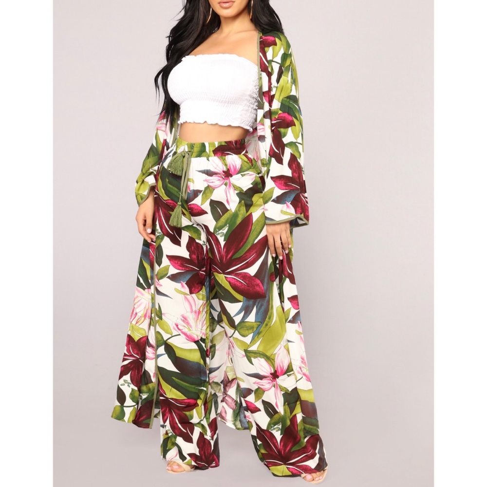 Fashion Nova- Linger Tropical Pants & Kimono